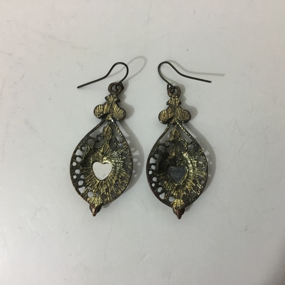 Brown Filigree Crystal Inset Heart Earrings - Picture 3 of 3